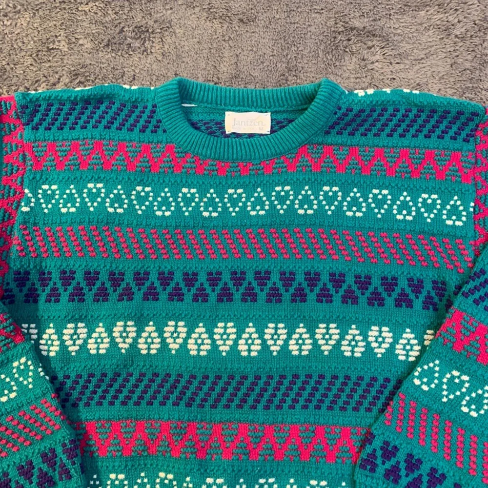 Vintage 90s Jantzen Teal Pink Heart Knit Sweater Embroidered‎ wmns Medium